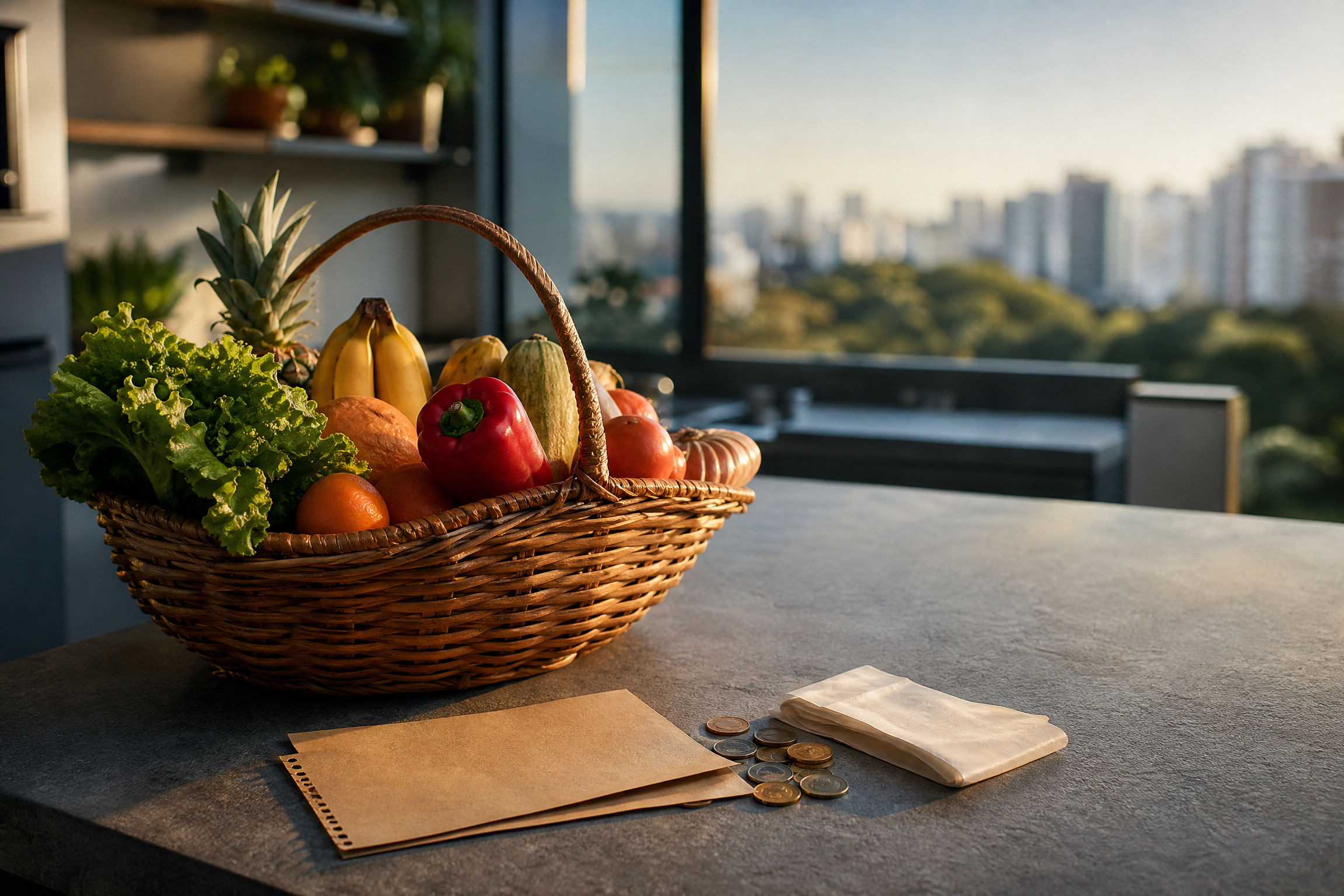 Cesta de compras e itens domésticos em uma cozinha brasileira